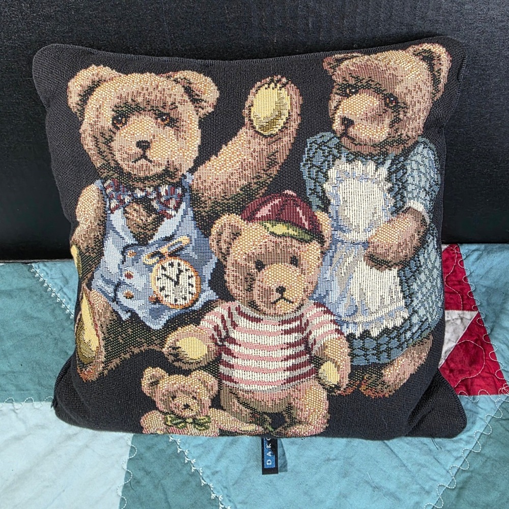 Dakotah‎ Vintage Woven Tapestry Teddy Bear Family Throw Pillow 12x12 Black Trim